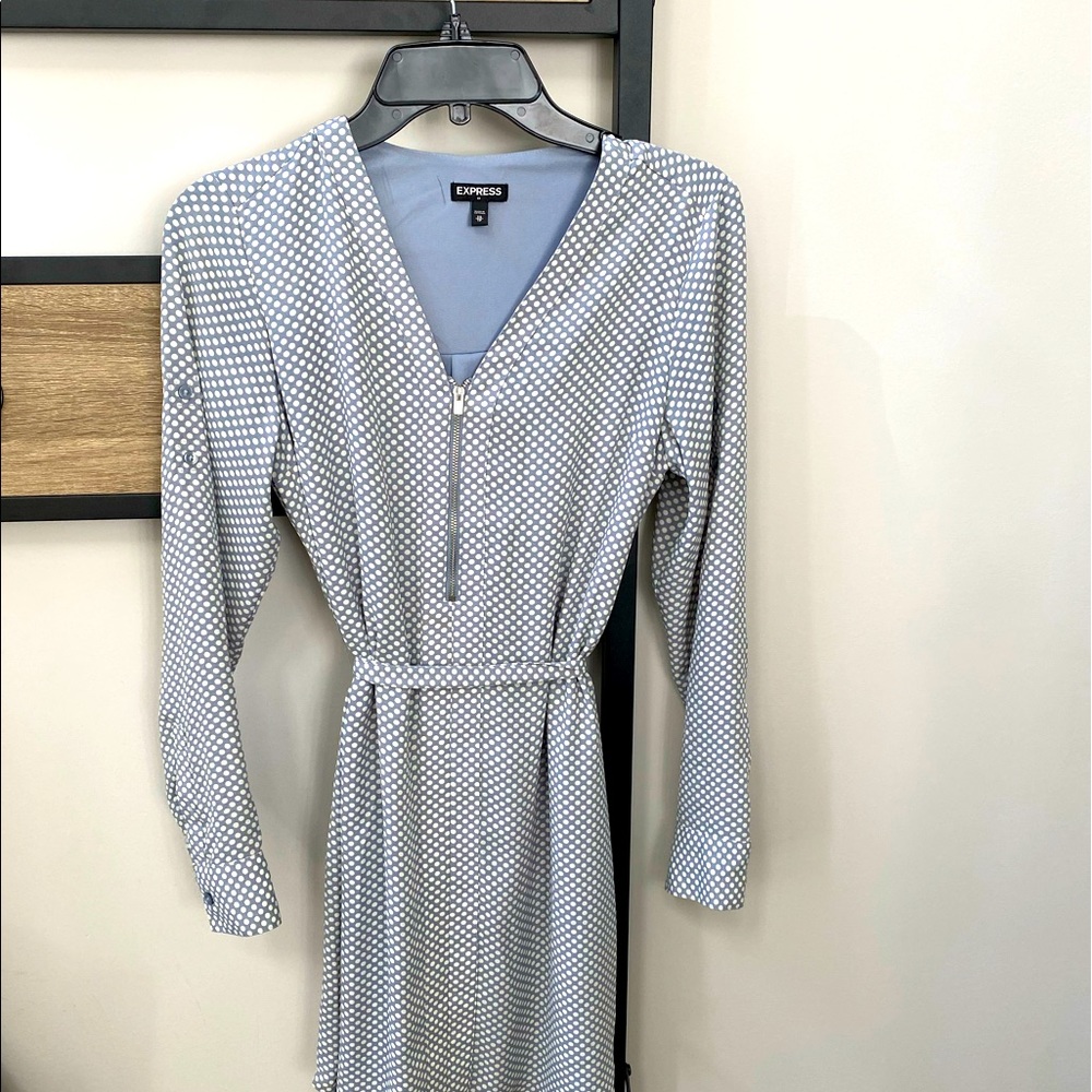 Express Polka Dot, Belted tie back dress; versatile sleeve length. Like New